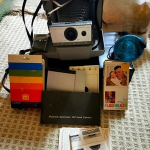 Polorid camera 1960s. Orignal case, cartridges, film, flash bulb & directions